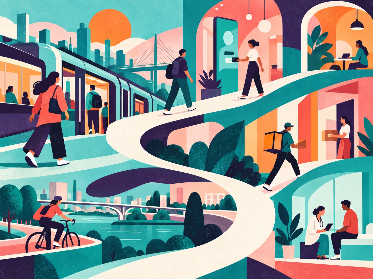 Ilustração de pessoas transitando por serviços de mobilidade, finanças, entregas e saúde